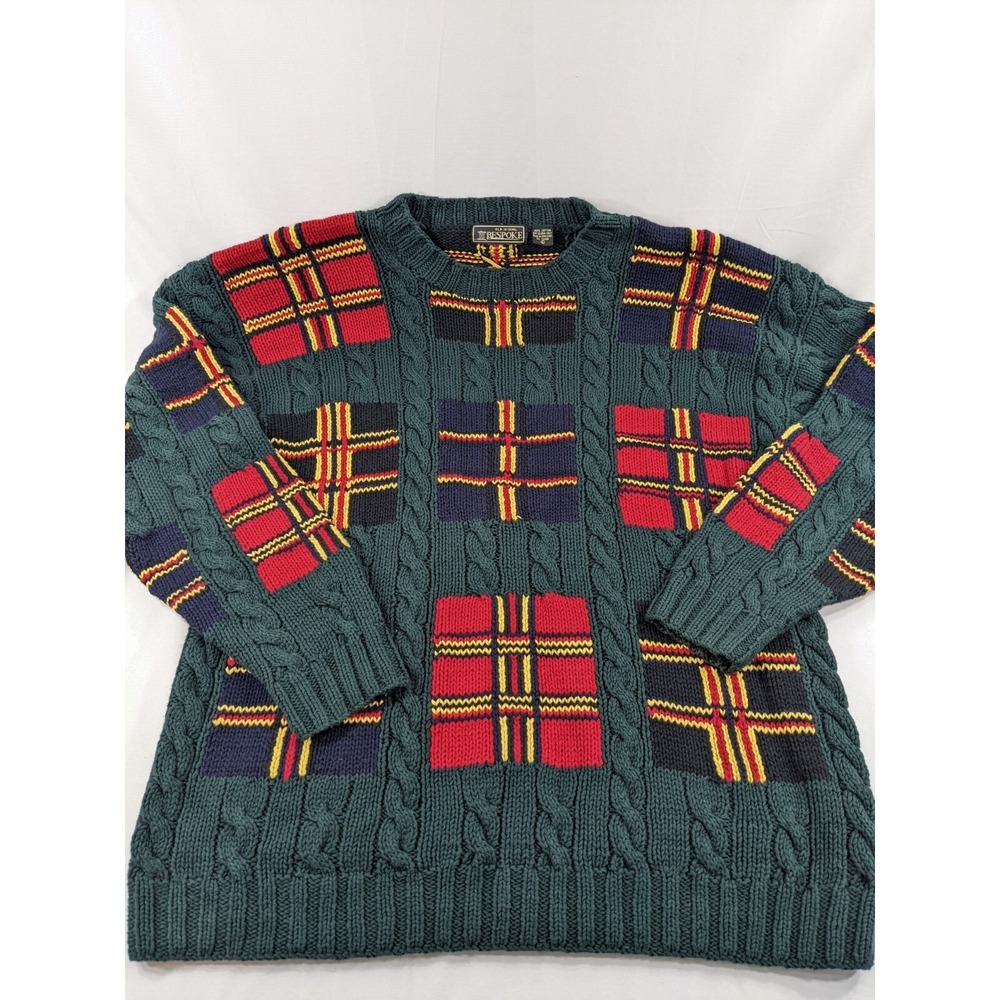 VTG Old School Bespoke Super Heavy Cable Knit Forest Green‎ Crewneck Sweater L